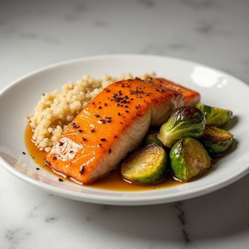 Maple-Vanilla Glazed Salmon with Roasted Brussels Sprouts and Quinoa