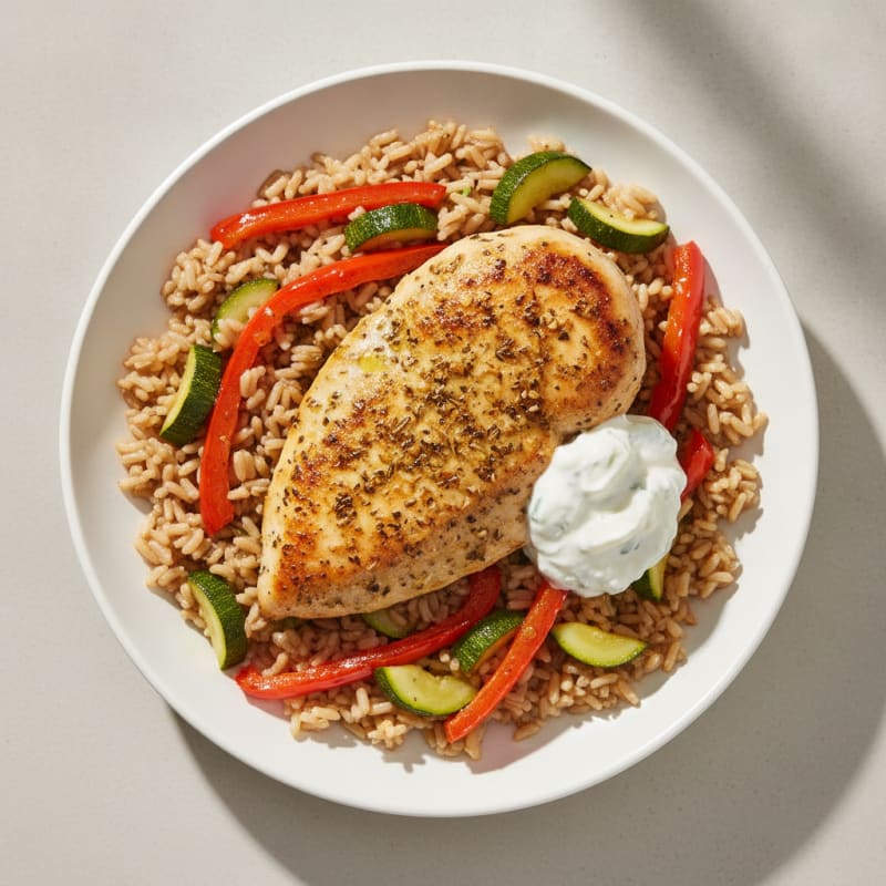 Herb-Seared Chicken Breast with Sautéed Vegetables and Brown Rice