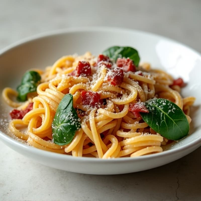 Creamy Whole Wheat Pasta with Crispy Turkey Bacon and Fresh Spinach