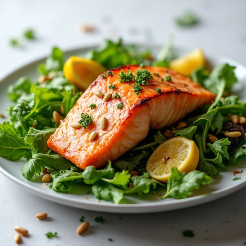 Grilled Salmon Salad with Crunchy Greens and Lemon Vinaigrette