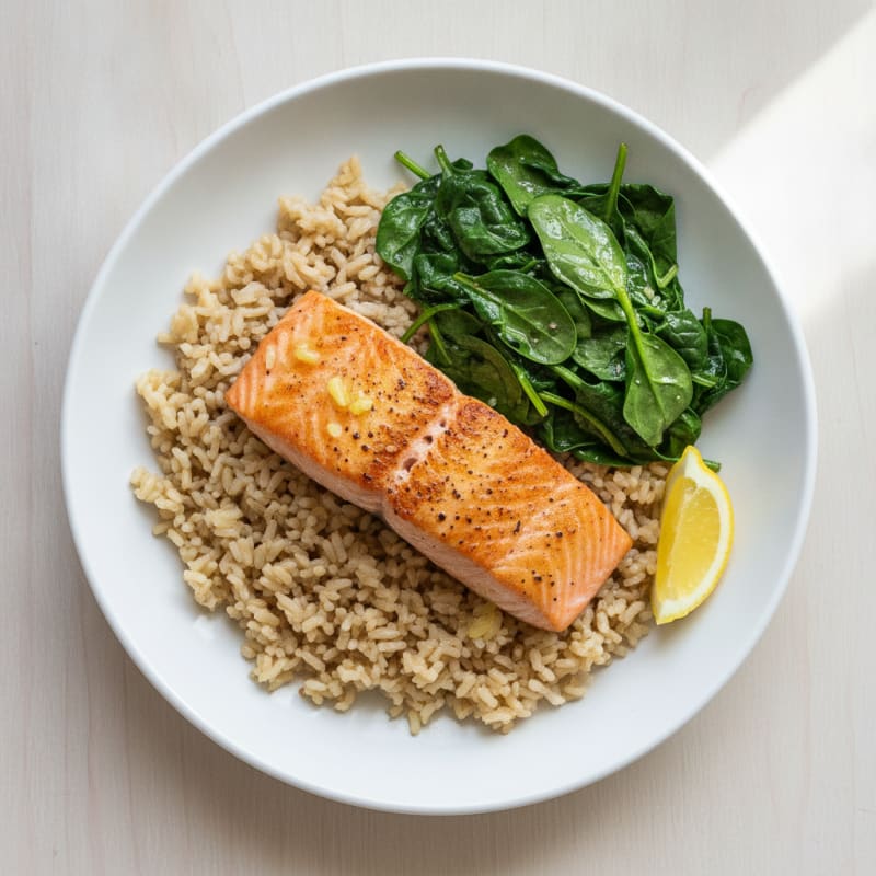 Seared Salmon Fillet with Steamed Brown Rice and Garlic Spinach