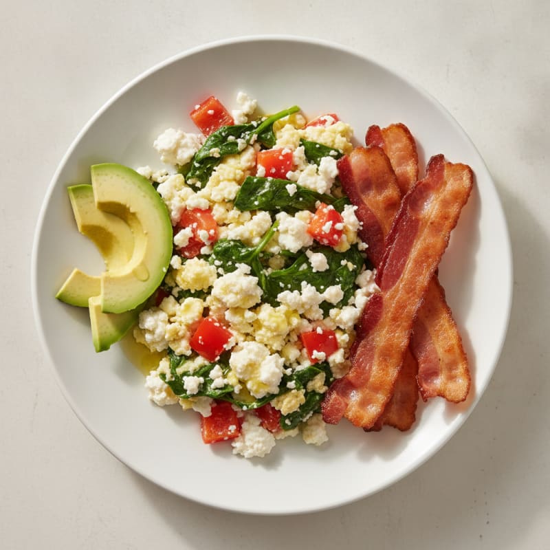 Egg White Veggie Scramble with Cottage Cheese and Turkey Bacon
