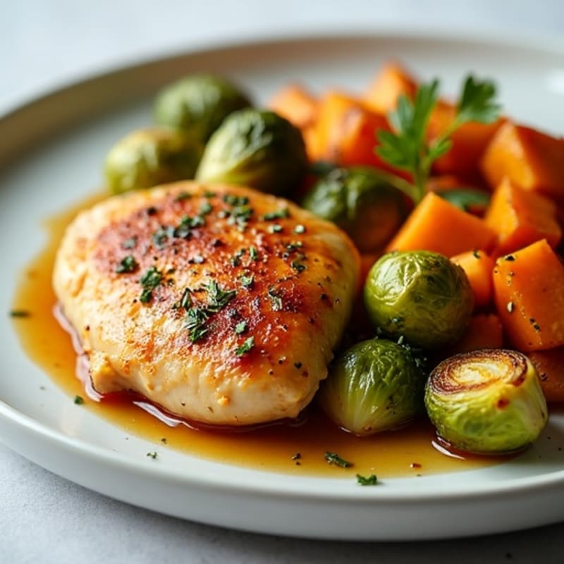 Honey-Mustard Glazed Chicken with Roasted Brussels Sprouts and Sweet Potato