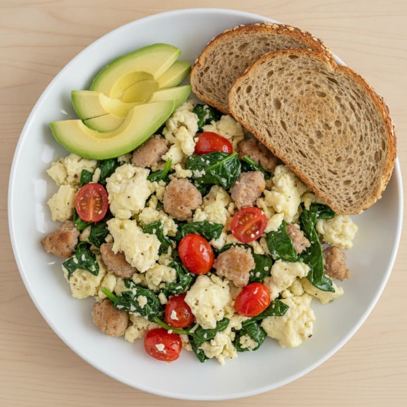Egg White and Turkey Sausage Scramble with Spinach and Cherry Tomatoes
