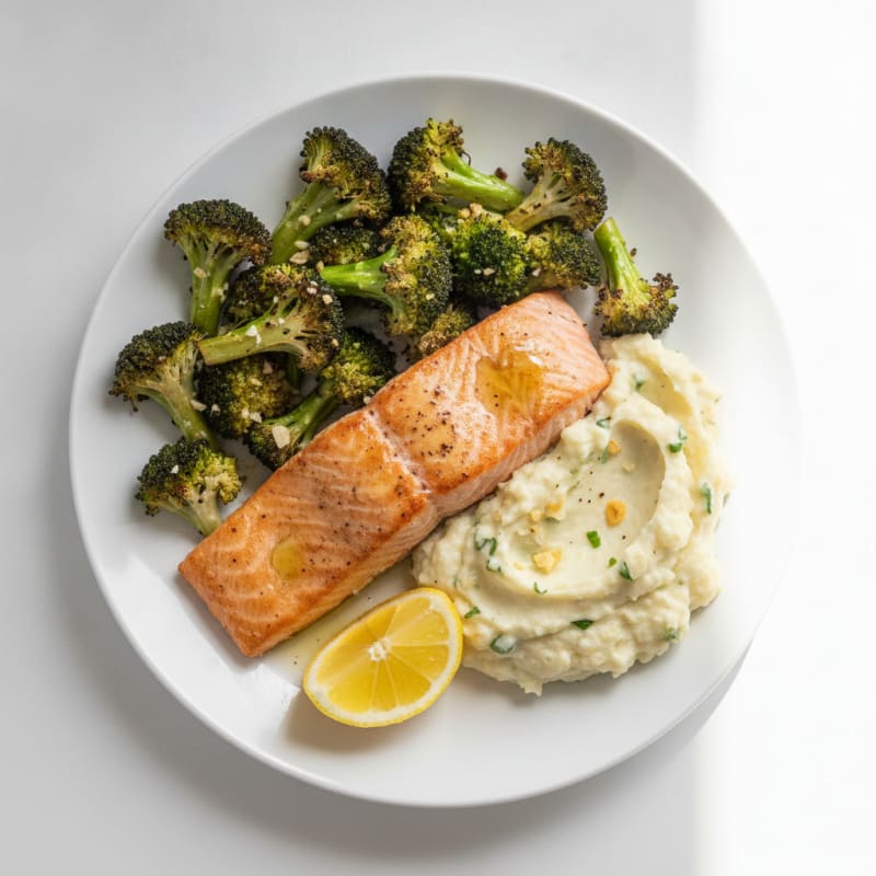 Seared Salmon Fillet with Roasted Broccoli and Garlic Mashed Cauliflower