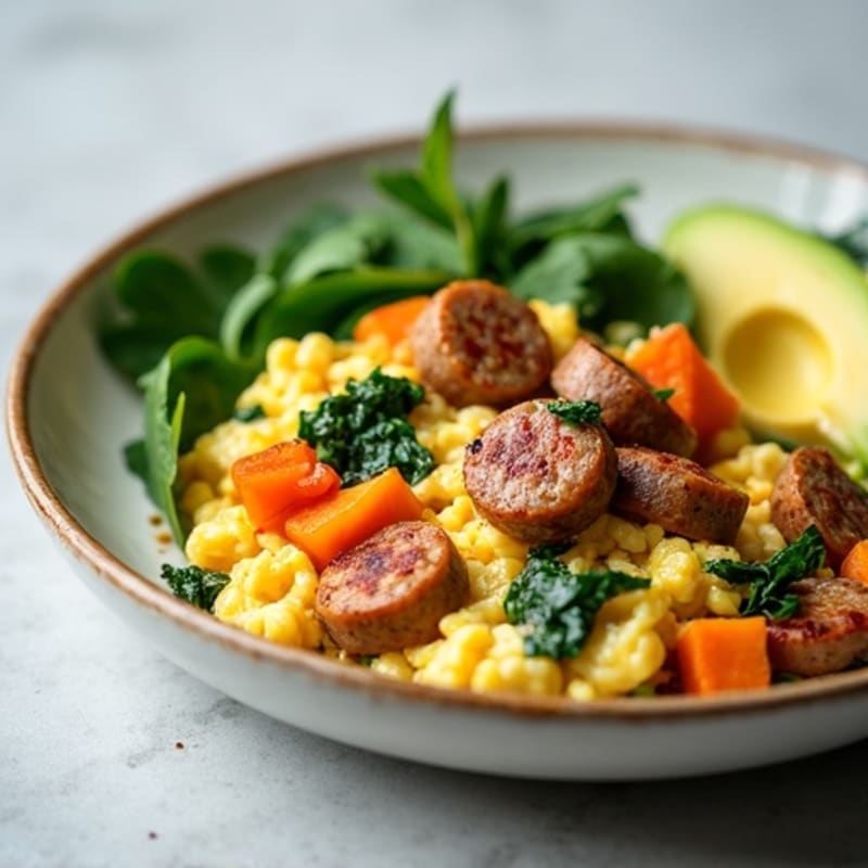 Egg White and Turkey Sausage Scramble with Spinach and Sweet Potato