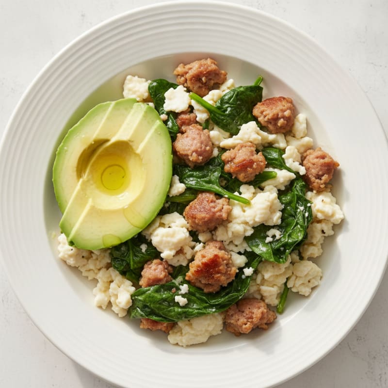 Scrambled Egg Whites with Turkey Sausage and Sautéed Spinach