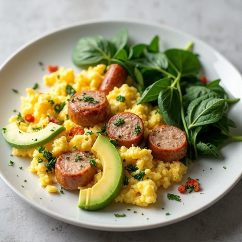Egg White Scramble with Turkey Sausage and Sautéed Spinach