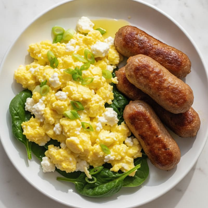Fluffy Scrambled Eggs with Cottage Cheese and Turkey Sausage