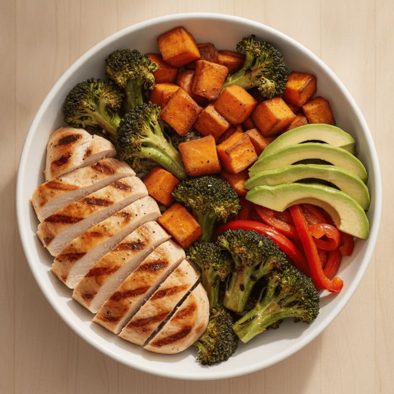Grilled Chicken and Broccoli Bowl with Roasted Sweet Potatoes