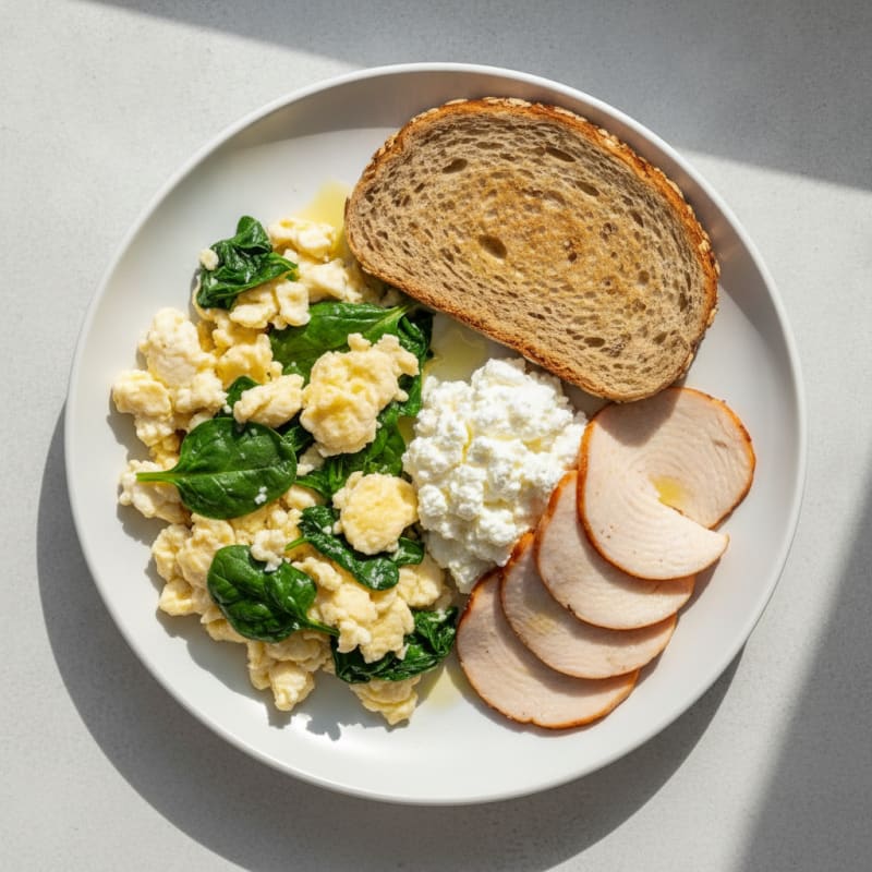 Egg White Spinach Scramble with Cottage Cheese and Sliced Turkey