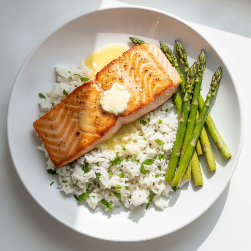 Seared Salmon with Herbed Rice and Roasted Asparagus