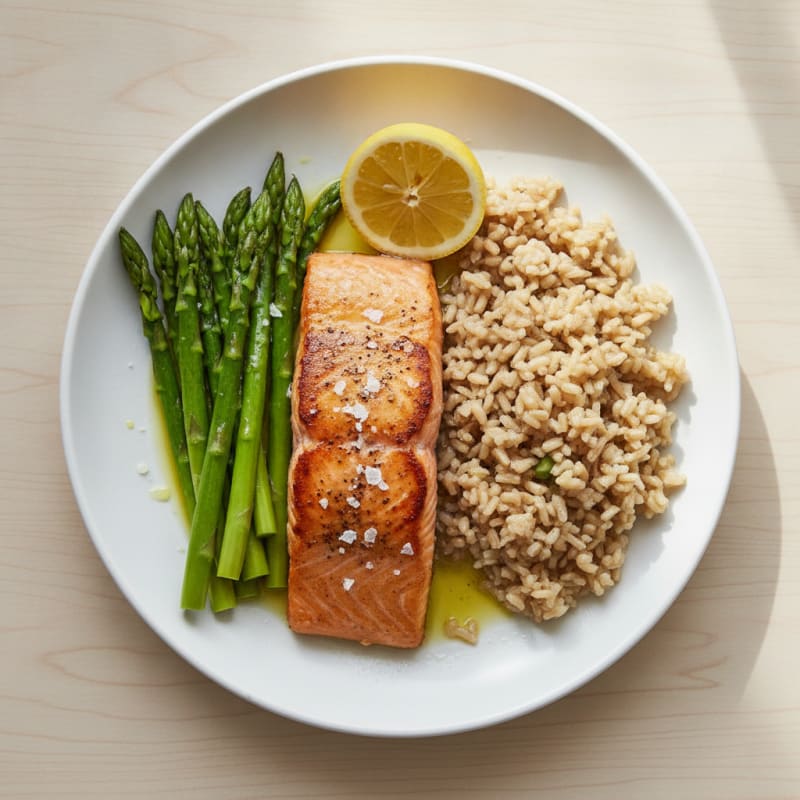 Seared Salmon Fillet with Steamed Asparagus and Brown Rice