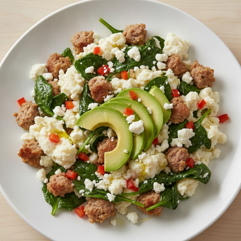 Egg White Scramble with Turkey Sausage and Sautéed Spinach
