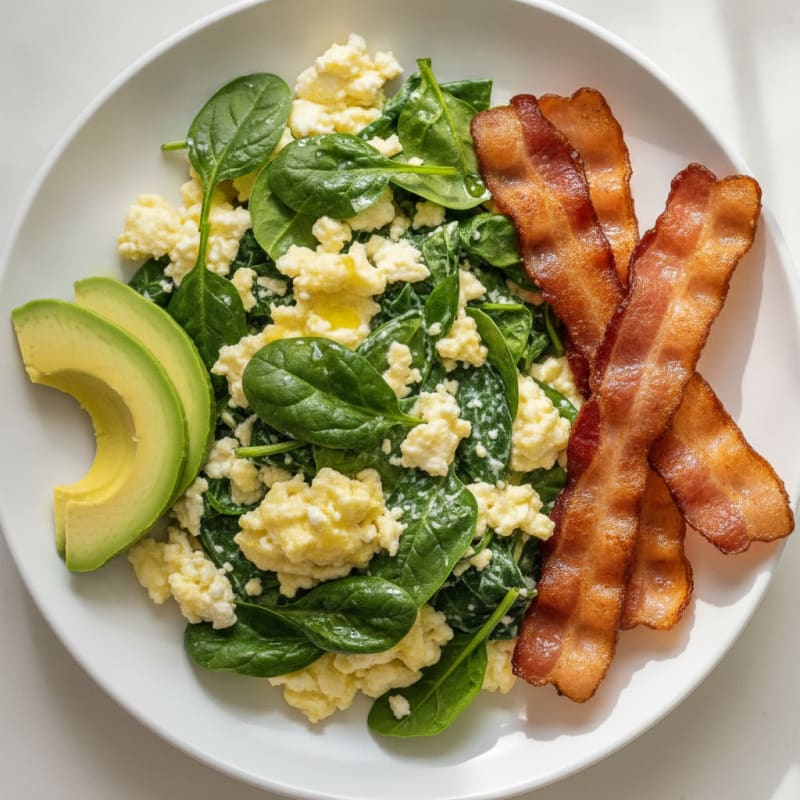Cottage Cheese Egg Scramble with Spinach and Turkey Bacon
