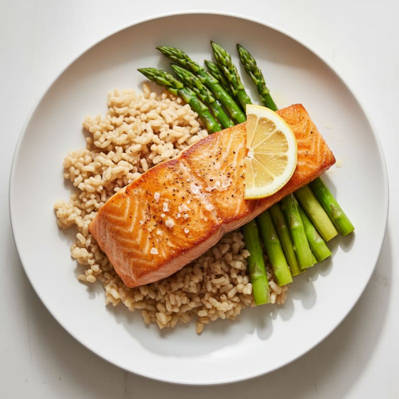 Seared Salmon with Steamed Asparagus and Brown Rice