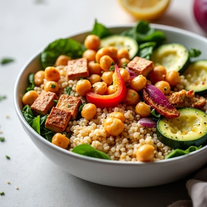 Crispy Chickpea and Roasted Vegetable Power Bowl with Creamy Lemon-Tahini Dressing