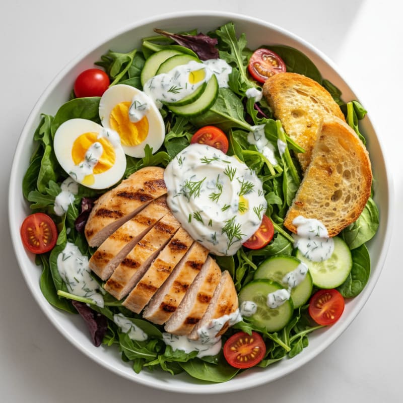 Grilled Chicken Salad with Mixed Vegetables and Yogurt Dressing