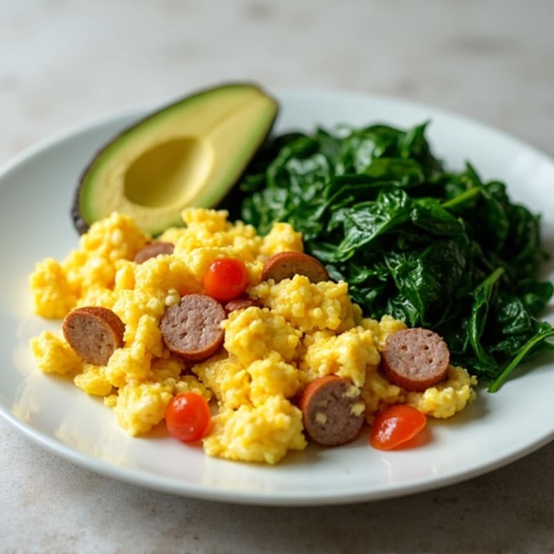 Egg White and Turkey Sausage Scramble with Sautéed Spinach