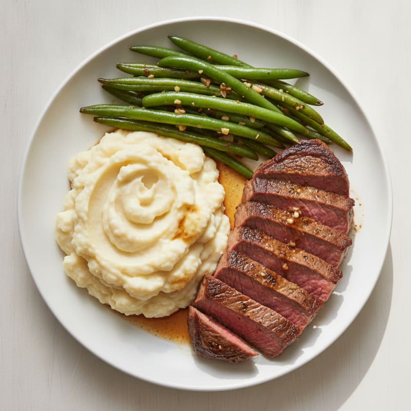 Seared Lean Beef with Garlic Green Beans and Mashed Cauliflower