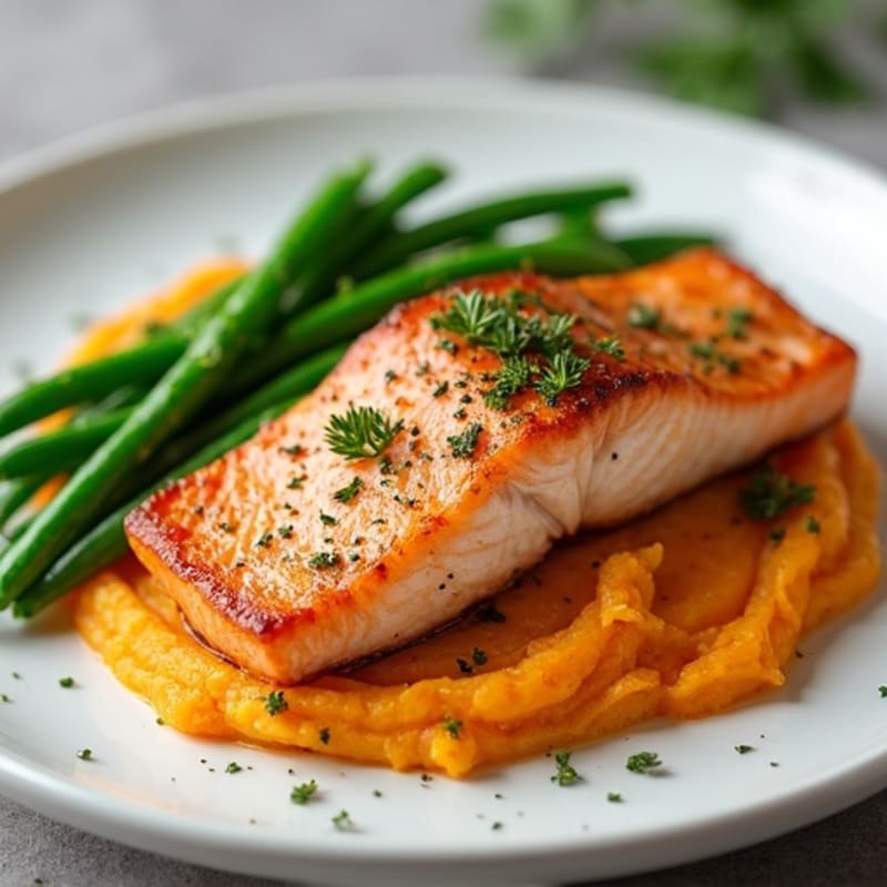 Seared Salmon with Garlic Green Beans and Sweet Potato Mash