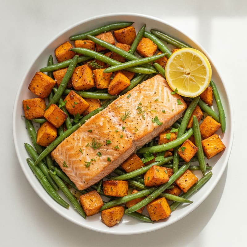 Sheet Pan Salmon with Roasted Sweet Potatoes and Green Beans