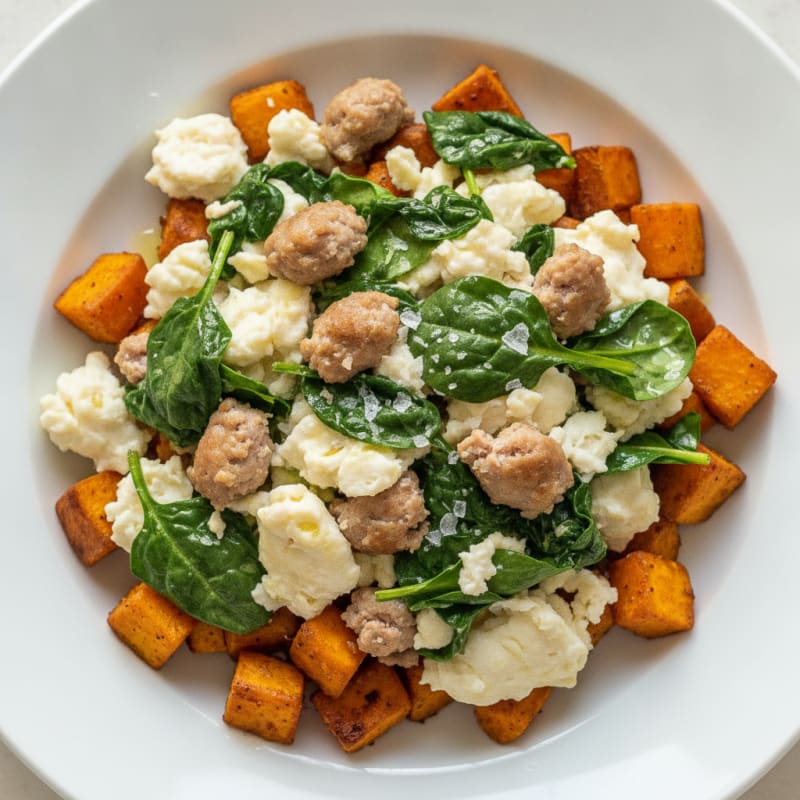 Egg White and Turkey Sausage Scramble with Spinach and Roasted Sweet Potato
