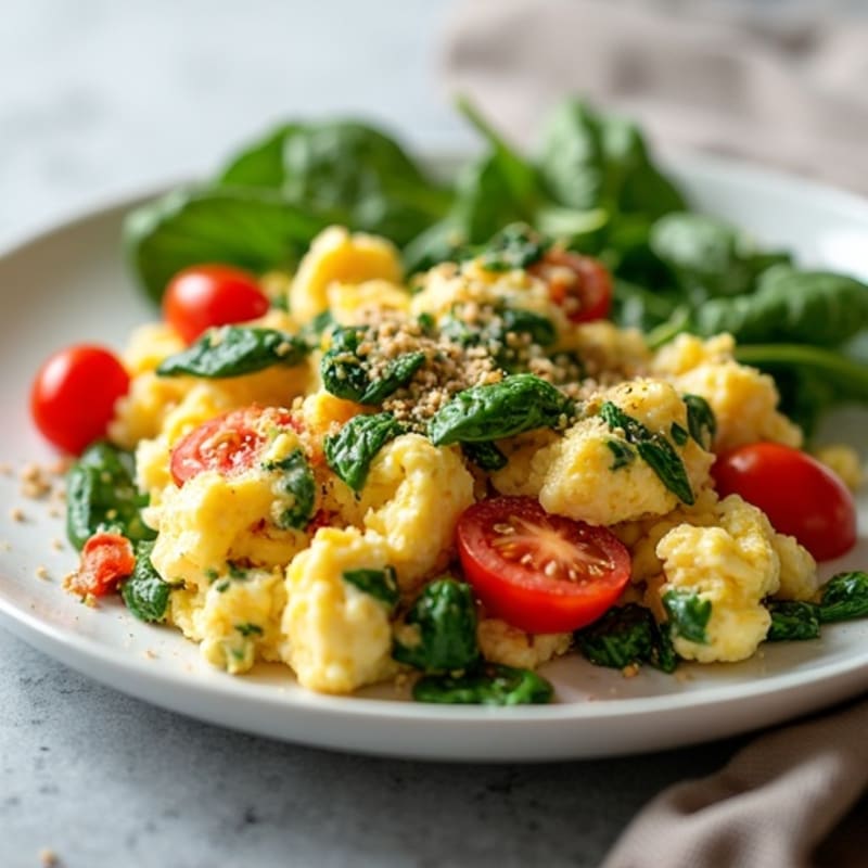 Cottage Cheese Egg Scramble with Spinach and Cherry Tomatoes