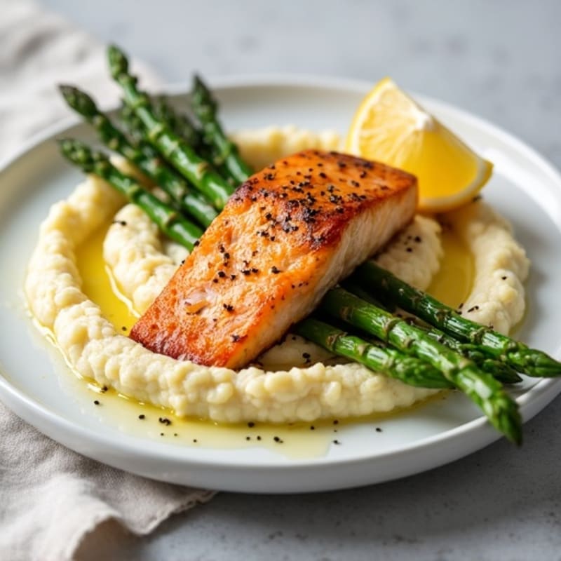 Seared Salmon with Steamed Asparagus and Cauliflower Mash