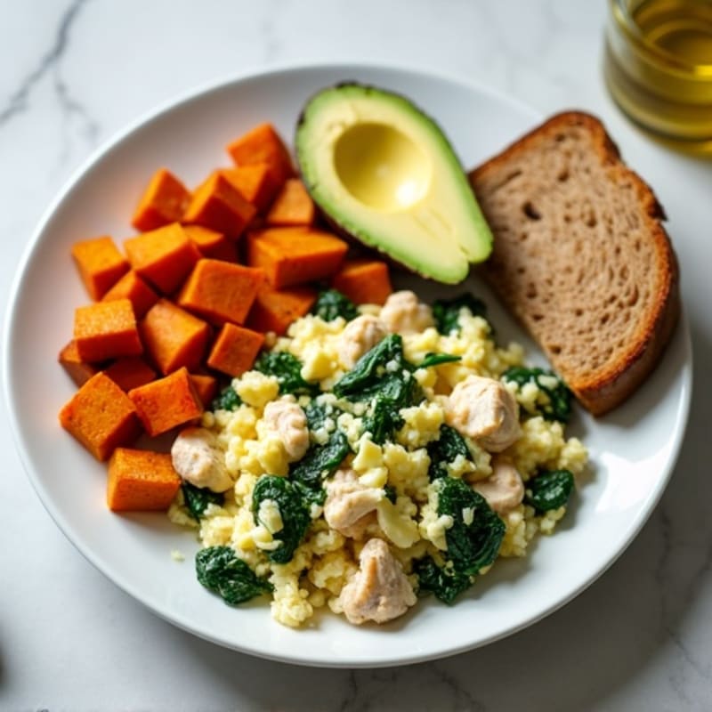 Egg White and Turkey Spinach Scramble with Roasted Sweet Potato