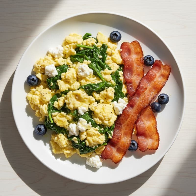 Cottage Cheese Scramble with Spinach and Turkey Bacon