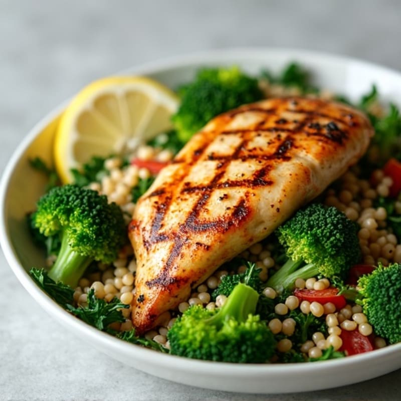Grilled Chicken and Kale Salad with Farro and Broccoli