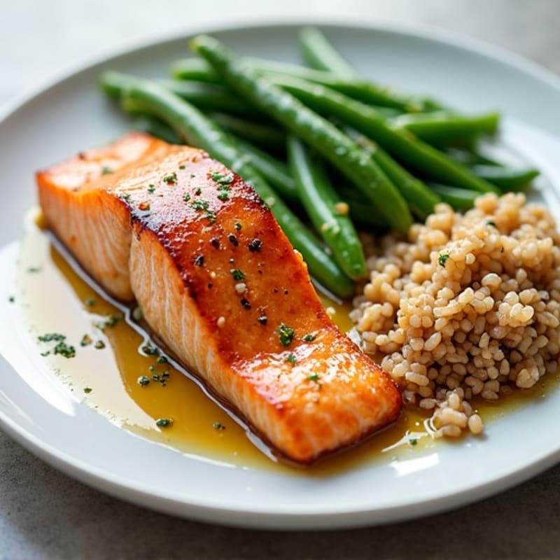 Seared Salmon with Garlic Green Beans and Brown Rice