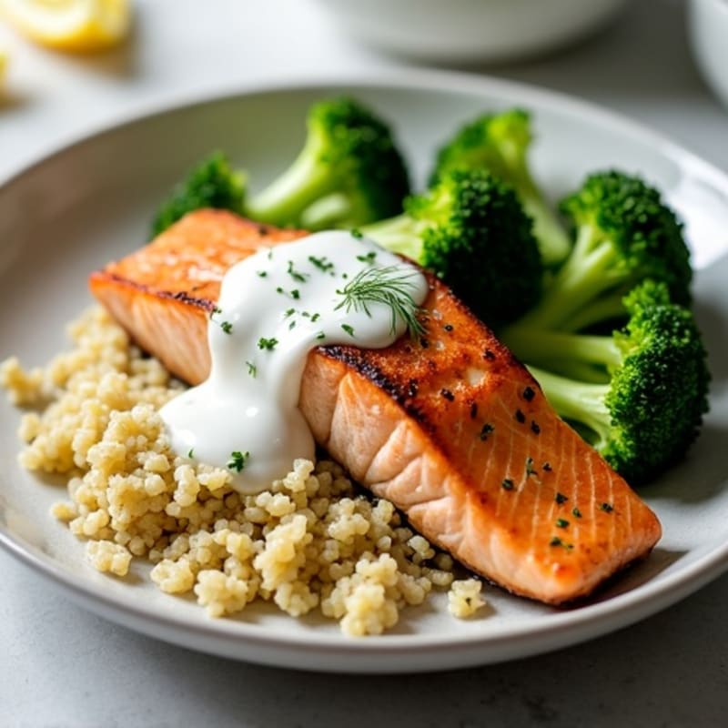 Seared Salmon Fillet with Steamed Broccoli, Quinoa & Greek Yogurt Dill Sauce
