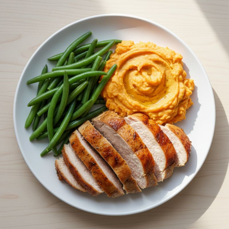 Herb-Roasted Turkey Breast with Steamed Green Beans and Sweet Potato Mash
