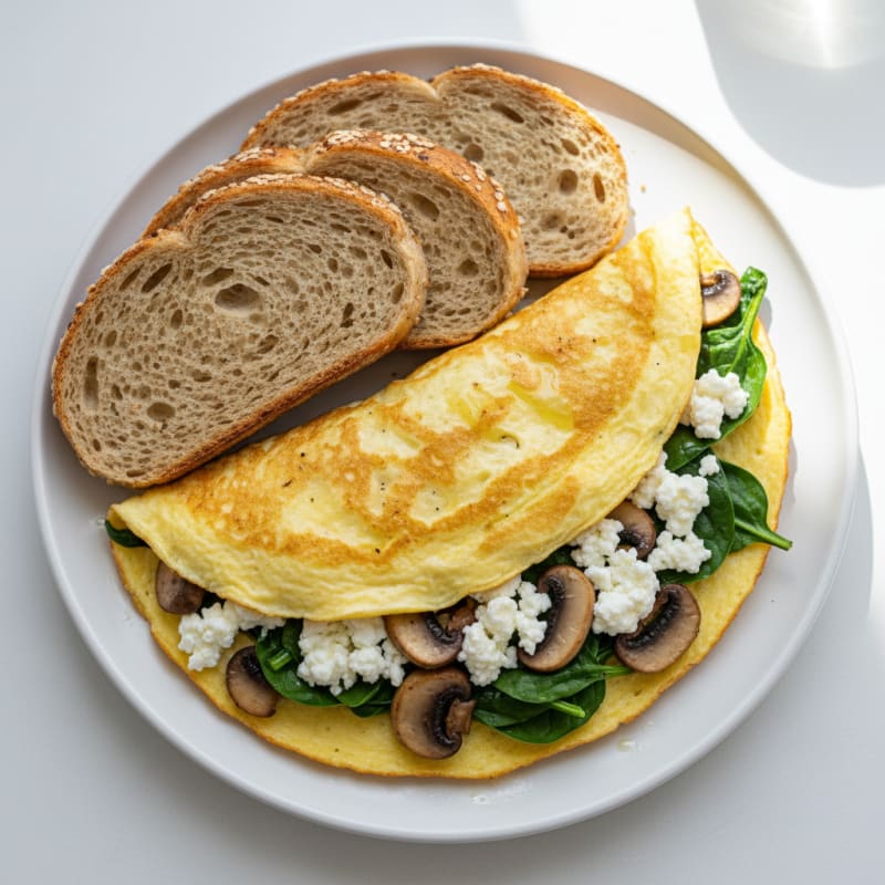Egg White Spinach Omelette with Cottage Cheese and Sautéed Mushrooms