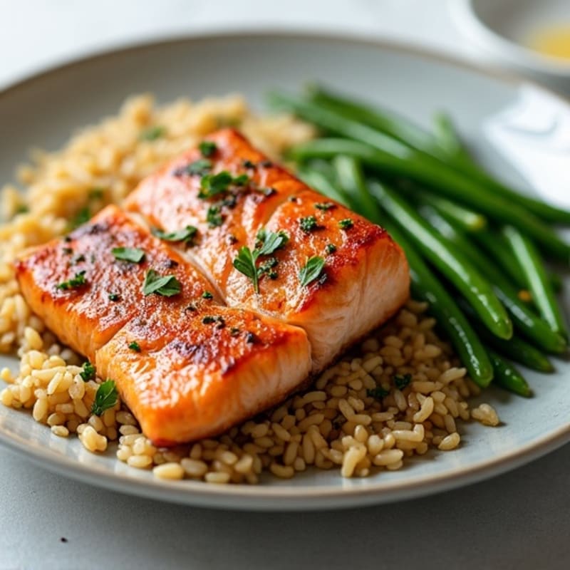 Seared Salmon Fillet with Garlic Green Beans and Brown Rice