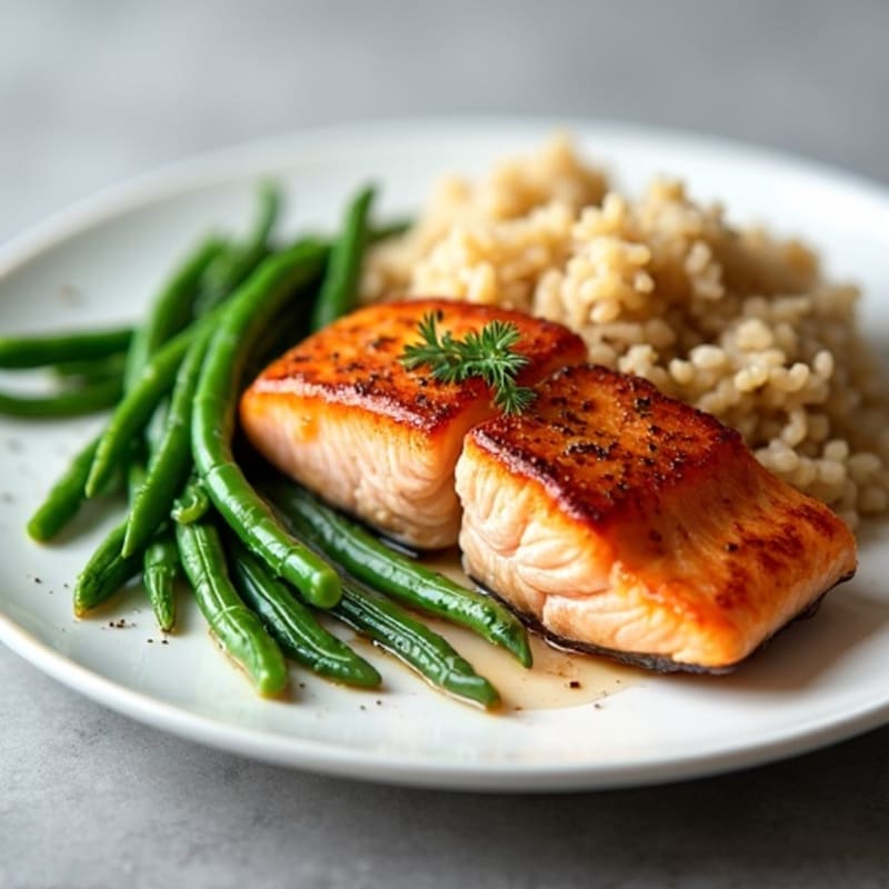 Seared Salmon with Steamed Green Beans and Brown Rice