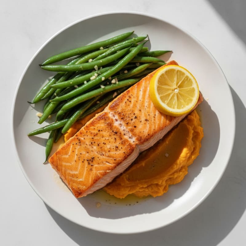 Seared Salmon with Garlic Green Beans and Sweet Potato Mash