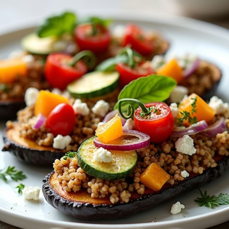 Herb-Roasted Quinoa Stuffed Eggplant with Mediterranean Vegetables