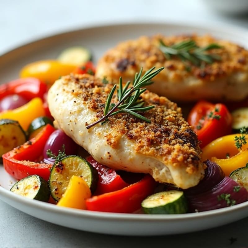 Herb-Crusted Sheet Pan Chicken with Roasted Rainbow Vegetables