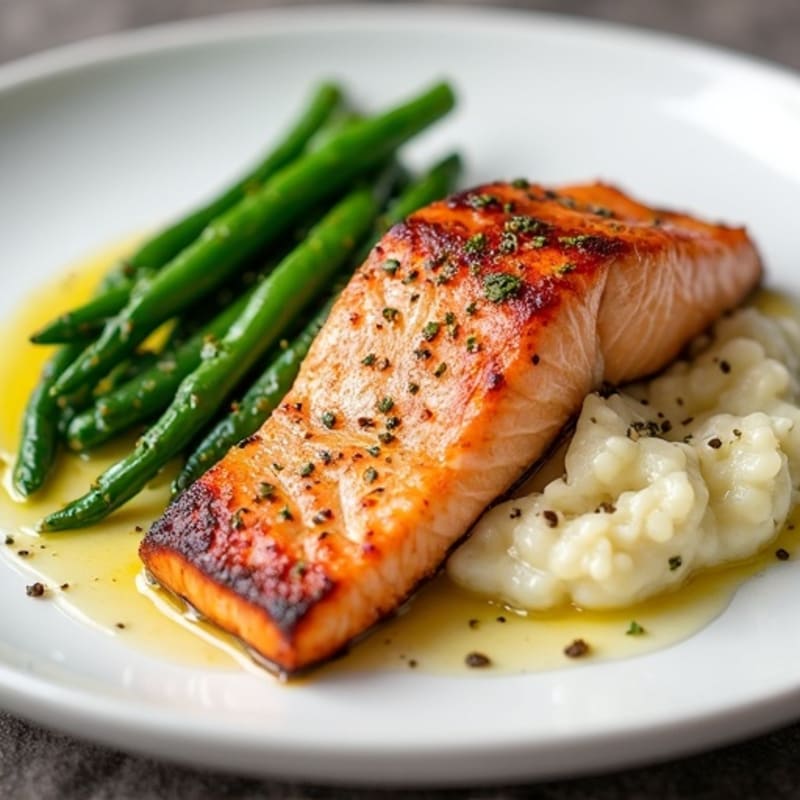 Seared Salmon with Garlic Green Beans and Cauliflower Mash