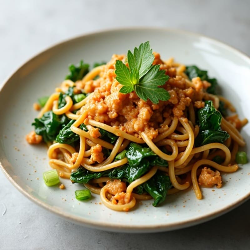 Spicy Creamy Peanut Ground Pork Noodles with Fresh Greens