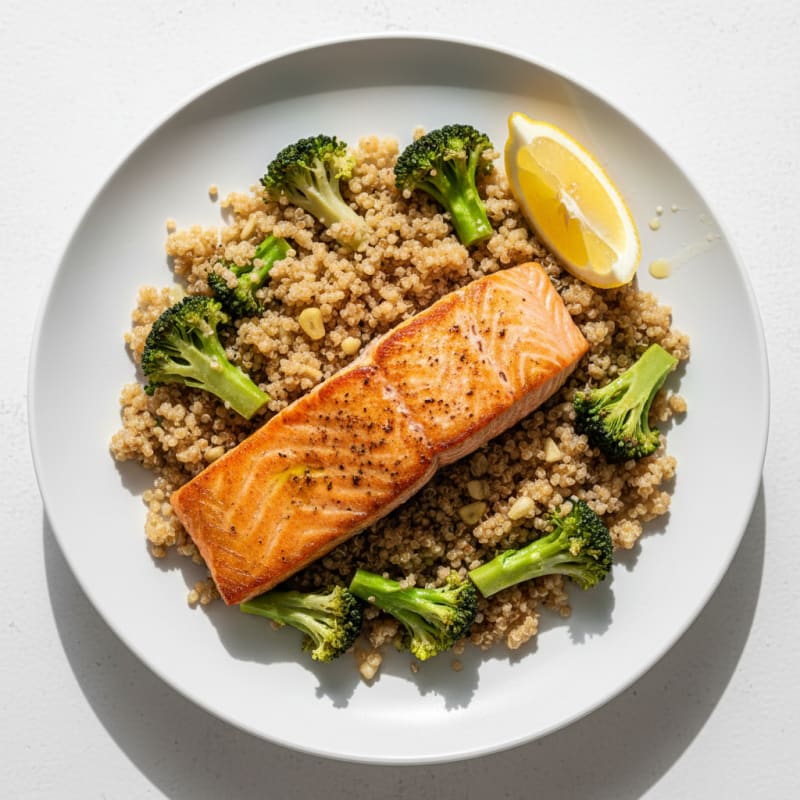 Seared Salmon Fillet with Steamed Broccoli and Garlic Quinoa