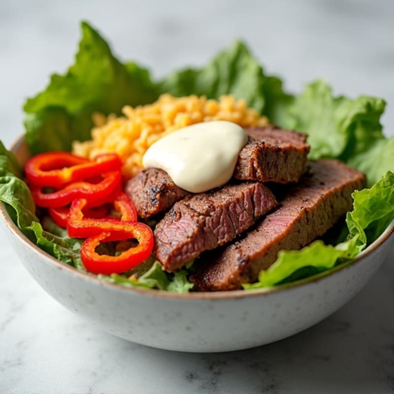 Lean Steak and Sautéed Pepper Bowl with Creamy Cheese Sauce
