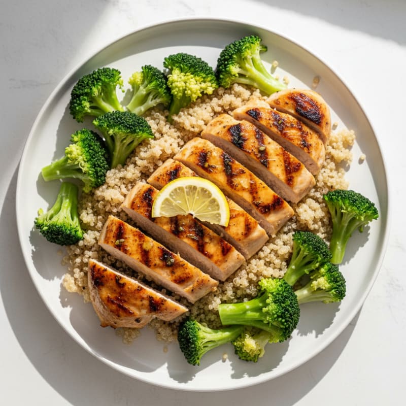 Grilled Chicken Breast with Steamed Broccoli and Quinoa