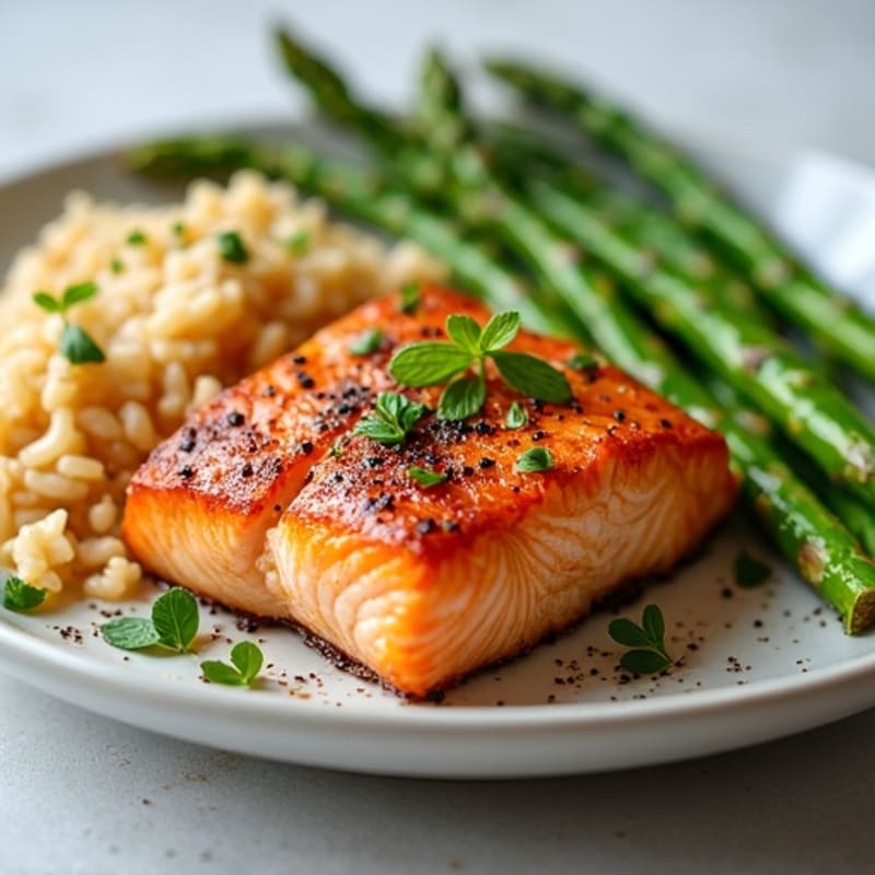 Seared Salmon with Steamed Asparagus and Brown Rice