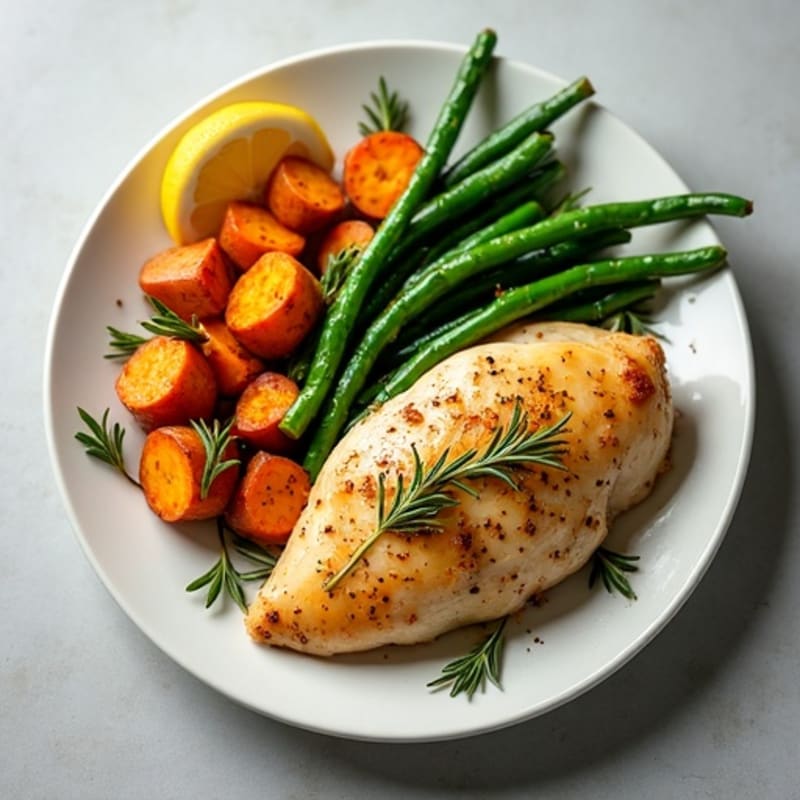 Lemon-Herb Roasted Chicken with Crispy Roasted Sweet Potatoes and Tender Green Beans