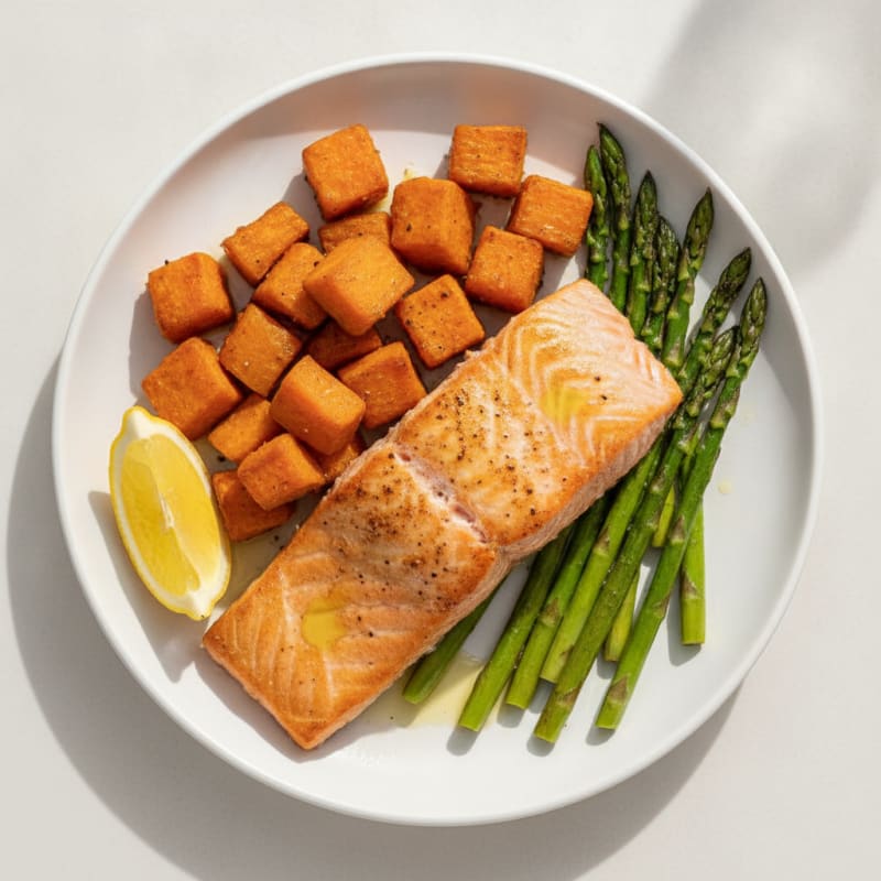 Seared Salmon with Roasted Sweet Potatoes and Asparagus