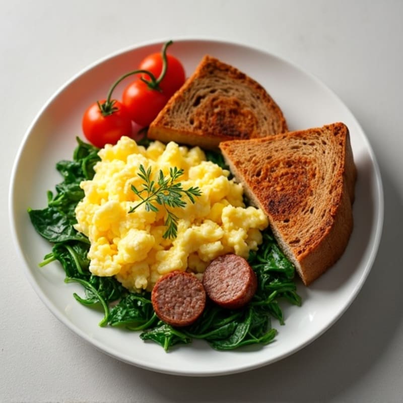 Egg White and Turkey Sausage Scramble with Sautéed Spinach and Whole Wheat Toast